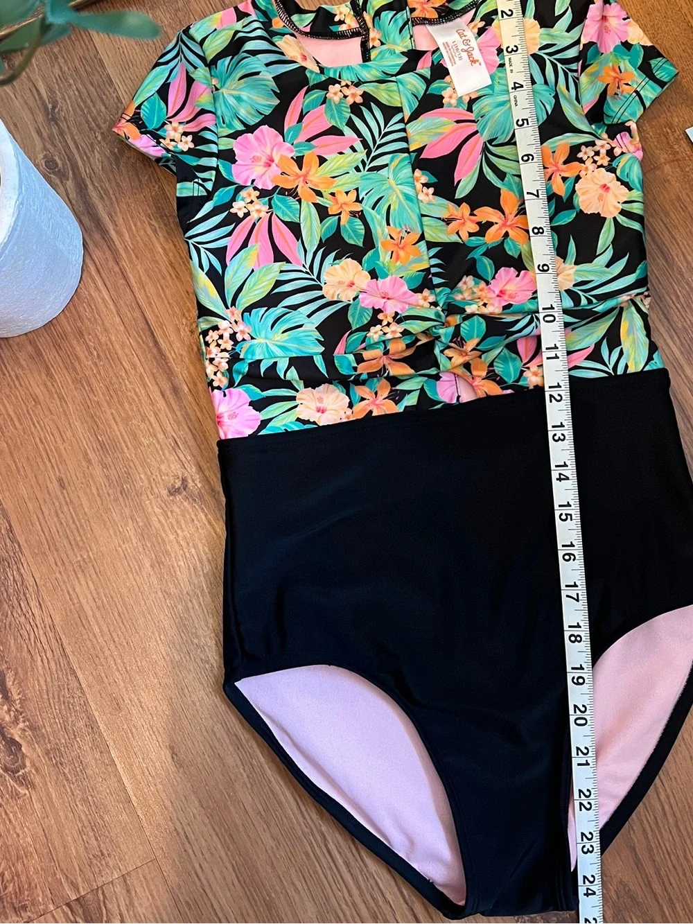 Kids One-Piece Floral Rash Guard Swimsuit - Black with Tropical Print